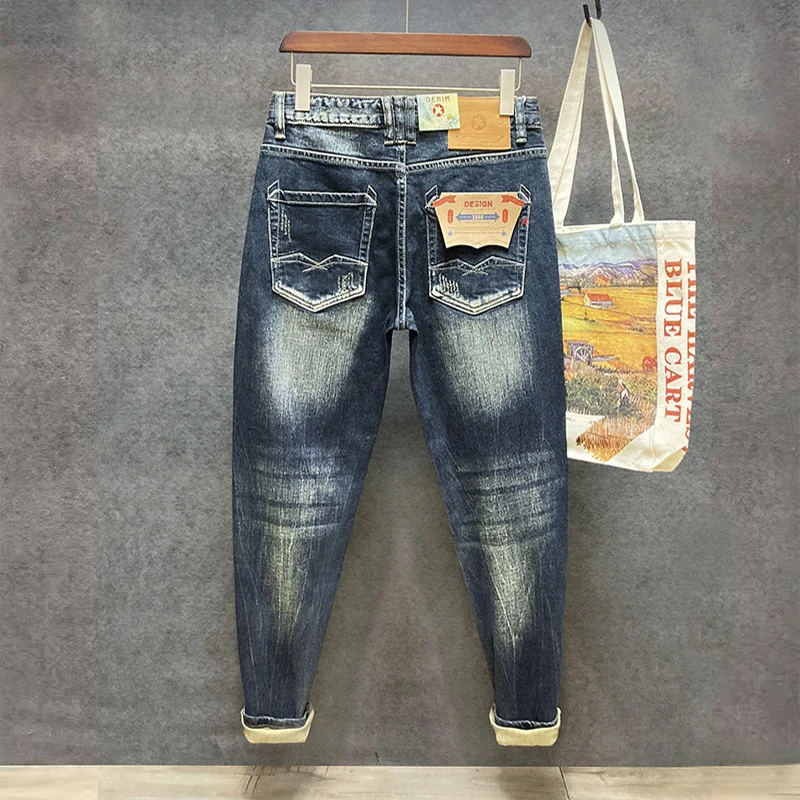 Jeans da uomo di moda in stile italiano di alta qualità retrò lavato blu elasticizzato Slim Fit Jeans strappati da uomo pantaloni in Denim firmati Vintage