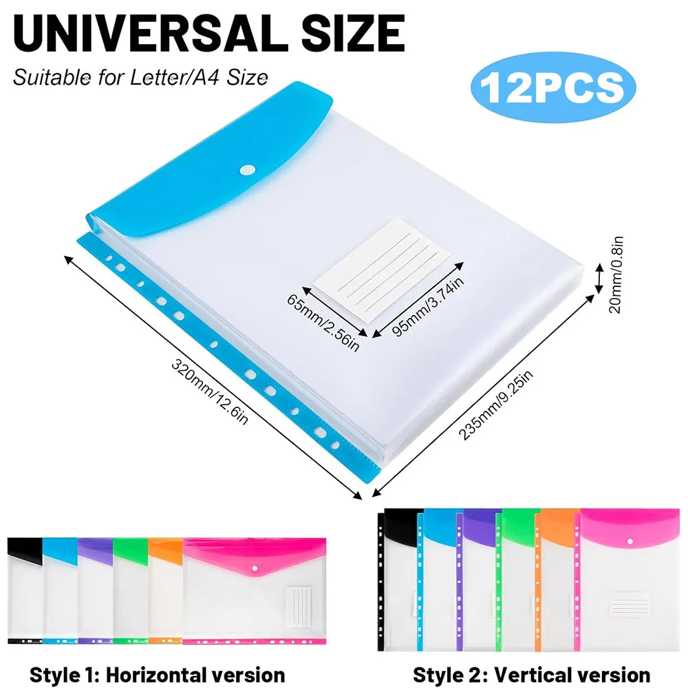12pcs A4 Clear Plastic File Pockets, Expandable Folders with Snap Closure & Label Slot, Top/Side Opening for 2/3/4-Ring Binders