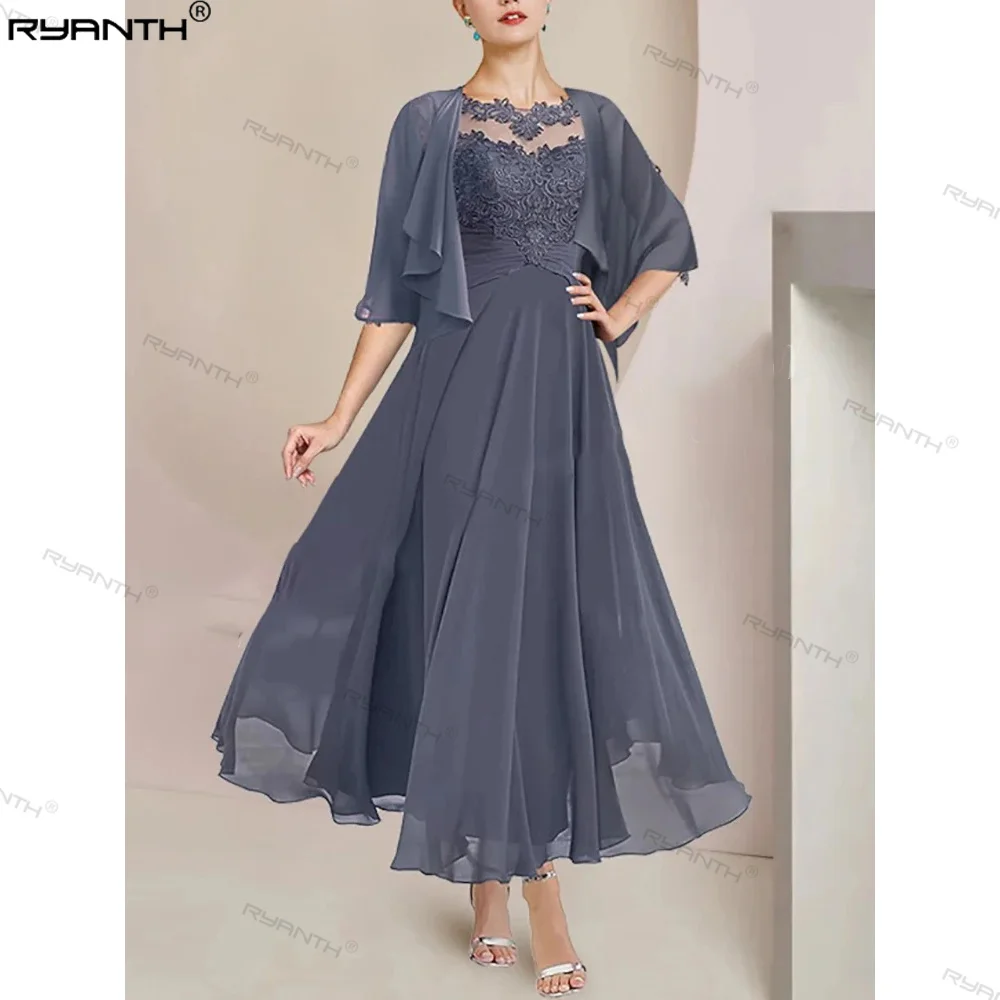 Ryanth Mother of the Bride Dress with Jacket Chiffon Lace Appliques A-Line Elegant Formal Occasion Wedding Guest 2024 Tea Length