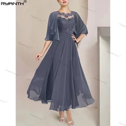 Ryanth Mother of the Bride Dress with Jacket Chiffon Lace Appliques A-Line Elegant Formal Occasion Wedding Guest 2024 Tea Length