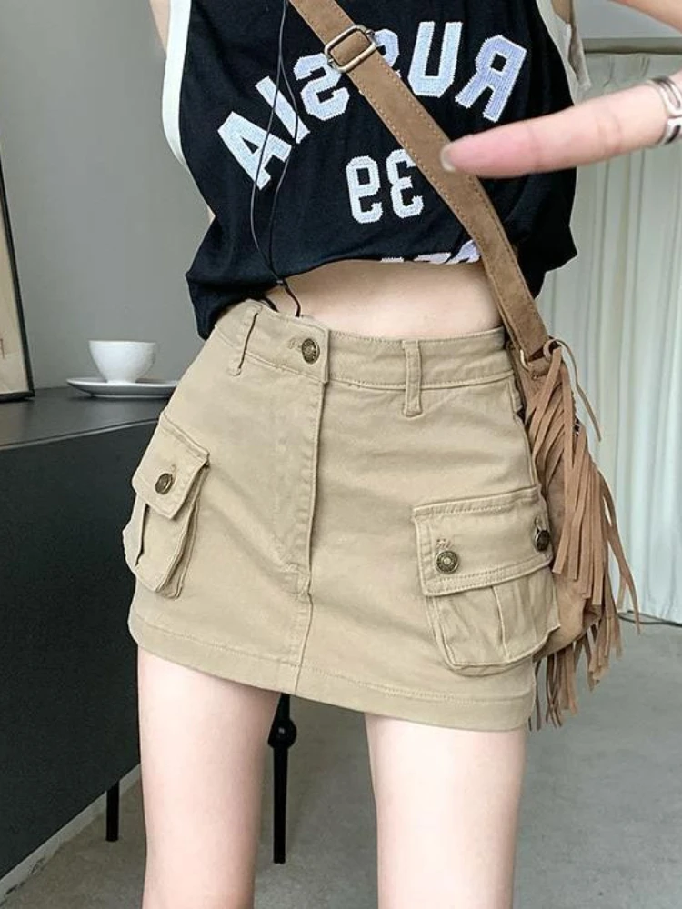 Women's Skirt Autumn New Denim Khaki Work Skirt Skinny American Half-body High Waist A-line Skirt Pocket A Line Sexy Dress