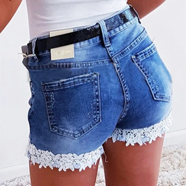 2025 Summer's New Fashionable Denim Patchwork Lace Casual Shorts, Women's Elastic and Comfortable Scratch-patterned Denim Shorts