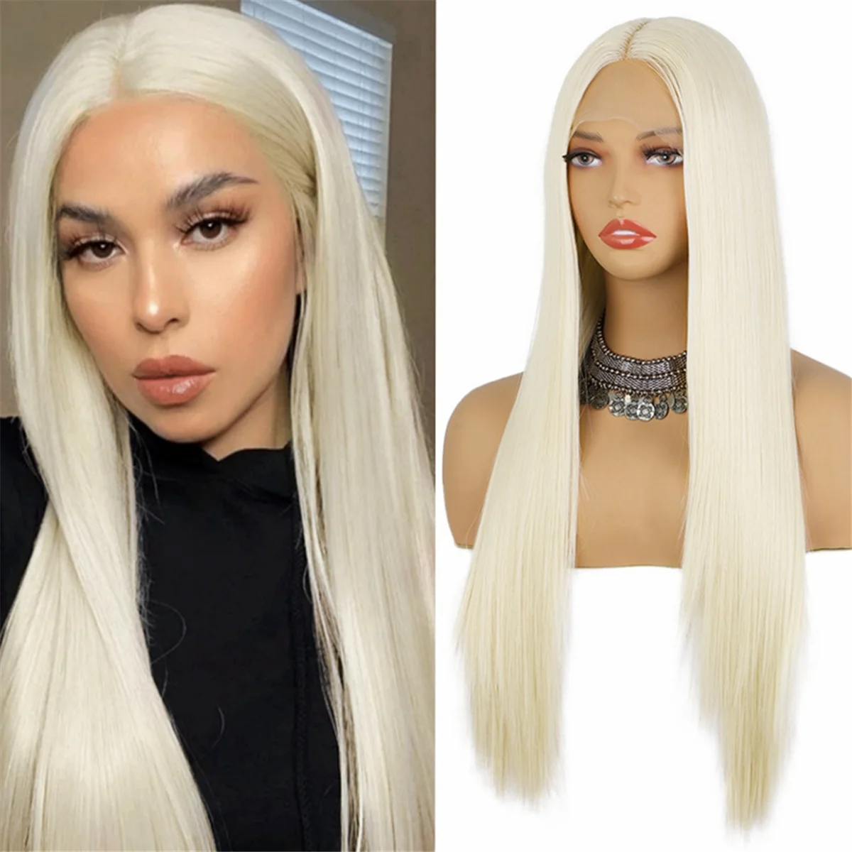 Wig renda depan 28 inci, Wig sintetis bentuk T panjang lurus untuk wanita bagian tengah Wig Cosplay serat tahan panas