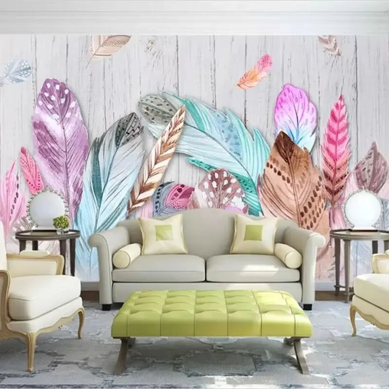 

Обои на заказ, 3d современные минималистичные перья, лось, деревянная доска, ТВ-фон, ручная роспись, перья, простая фреска для спальни, ресторана