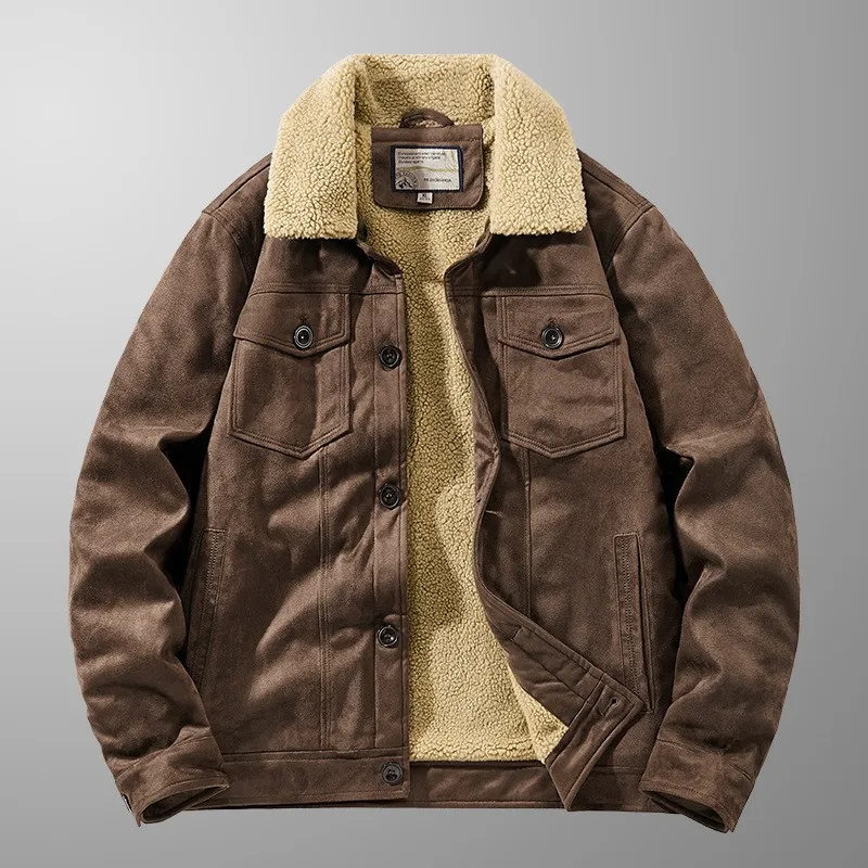 New Winter Men Fleece Warm Suede Leather Jackets Man Multi-pockets Casual Leather Coats Quality Male Fashion Down Jackets Size 4
