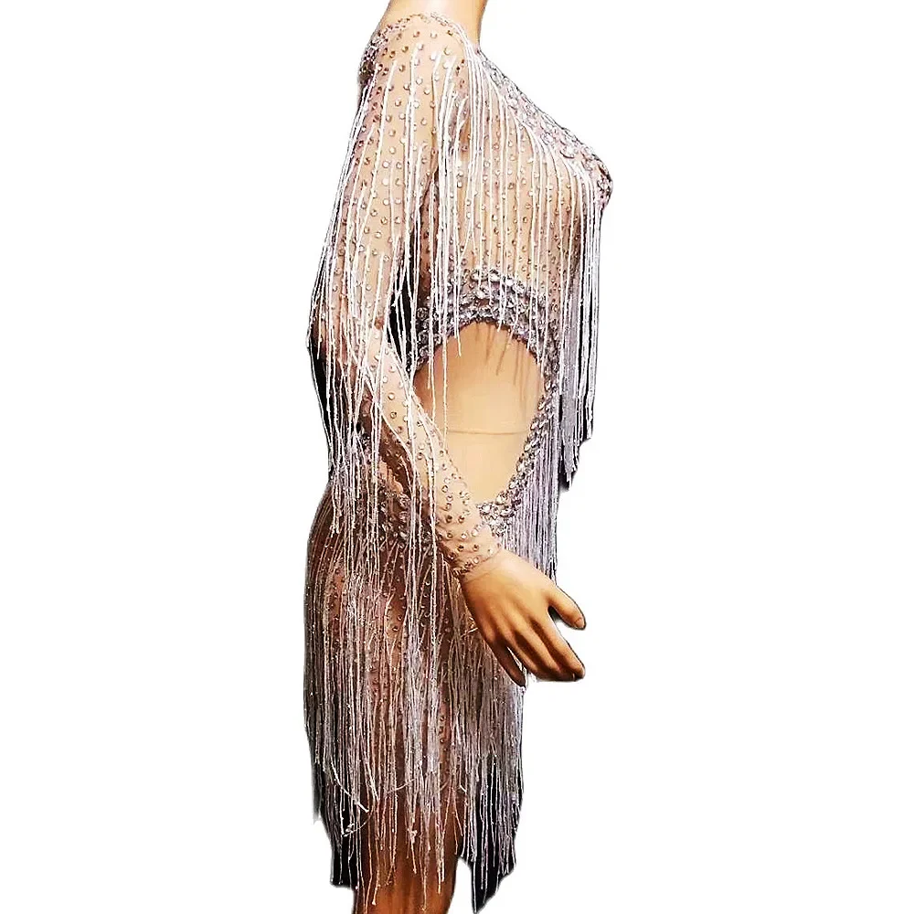 Show Waist Inlaid Sparkly Diamonds Women Dress Fringes Long Sleeve Short Dresses Singer Dancer Stage Wear Nigthclub Costumes