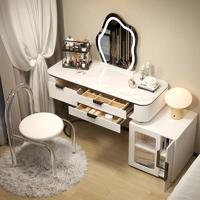 Modern Dresser with Light Emitting Diode Lights Makeup Mirror Bedroom Wooden Dresser Set Smart Furniture Luxury