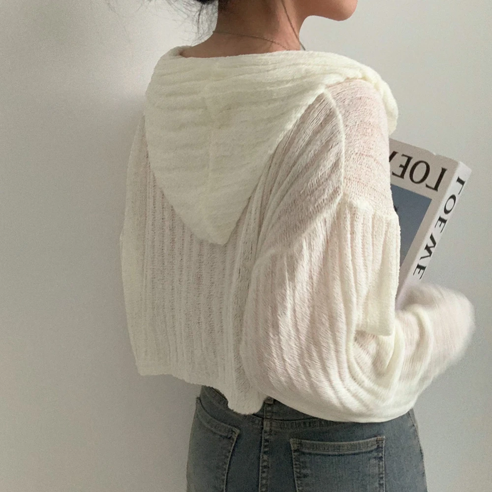 Ice Silk Sun Protection Thin Long Sleeve Coat Korea Chic Versatile Hooded Short Women Cardigan Solid Color Knitted Sweater