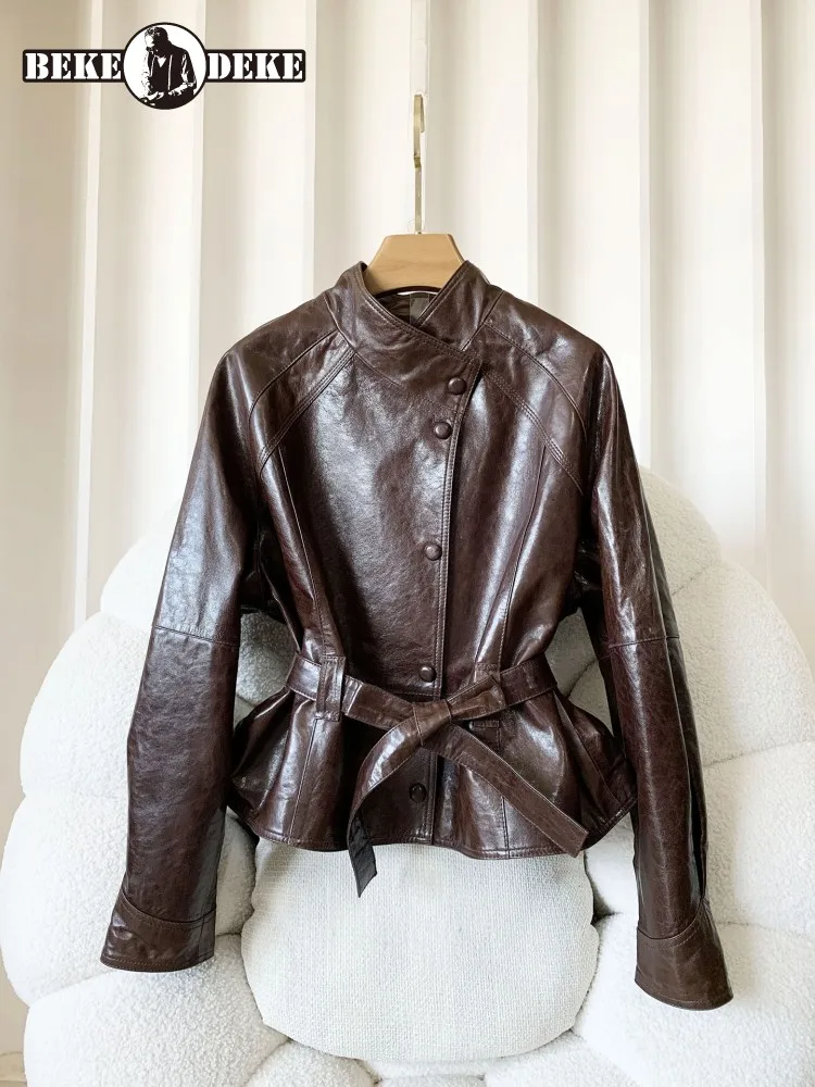 

Leisure Ladies Single-Breasted Genuine Leather Jackets Handmade Solid Color Stand Collar Long Sleeves Sashes Sheepskin Outwear