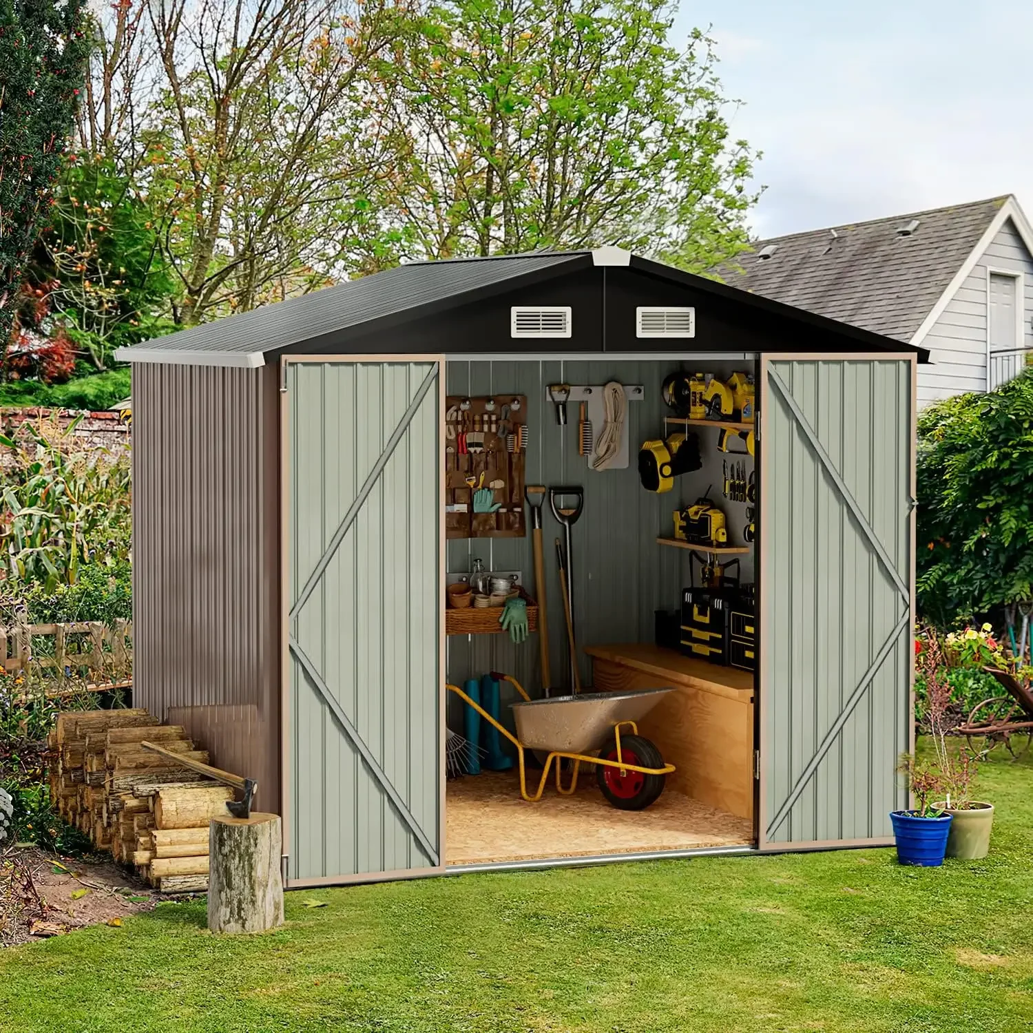 Outdoor Storage Shed, 6.4x4 FT, Garbage Can,Outdoor Metal Shed for Tool,Garden,Bike, Brown