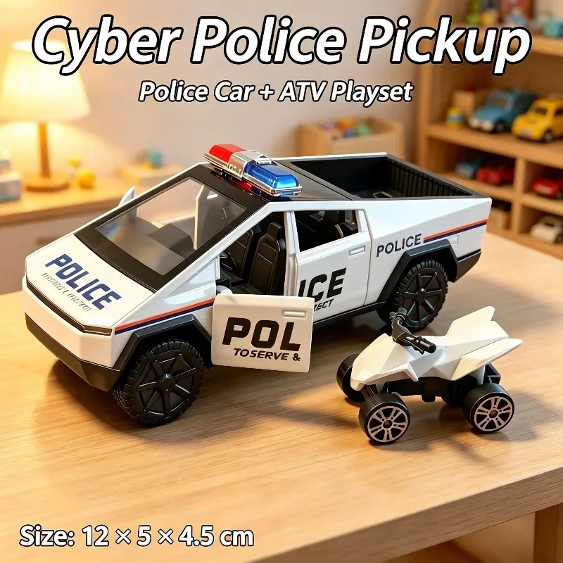 New Arrival 1:36 Cyber Police Pickup Diecast Car Model, Pull Back Toy with ATV Accessory, Openable Doors, 2 Colors