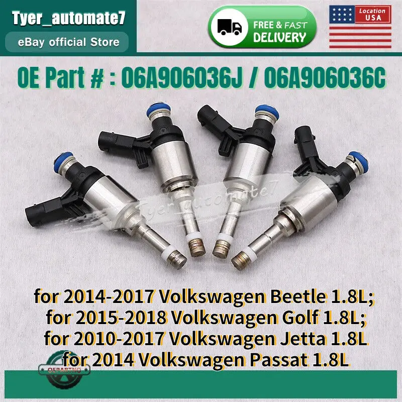 

Set of 4 Fuel Injectors 06A906036C For 2014-2017 Volkswagen Beetle Jetta 1.8L L4