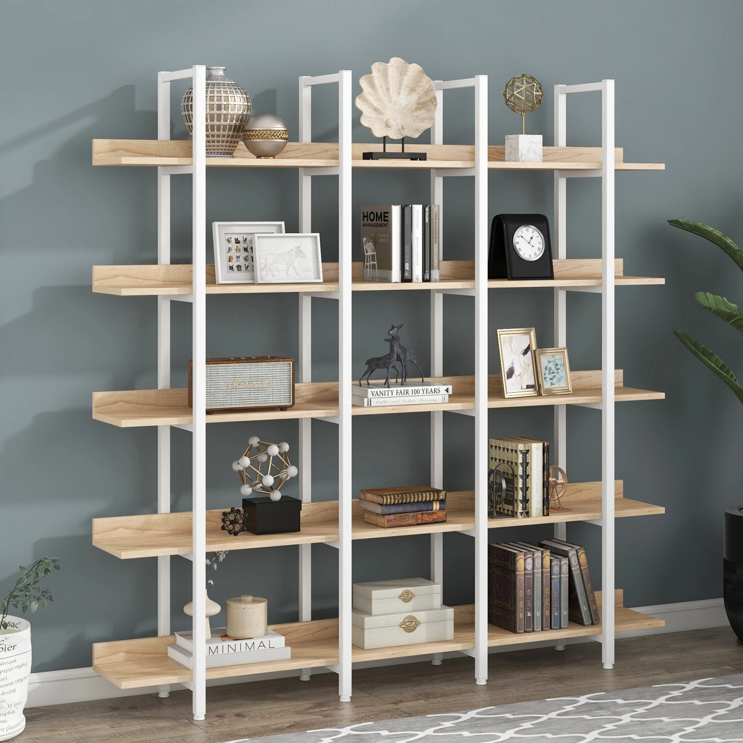

5 Tier Industrial Style Bookshelf, MDF Board, Metal Frame, Oak - White