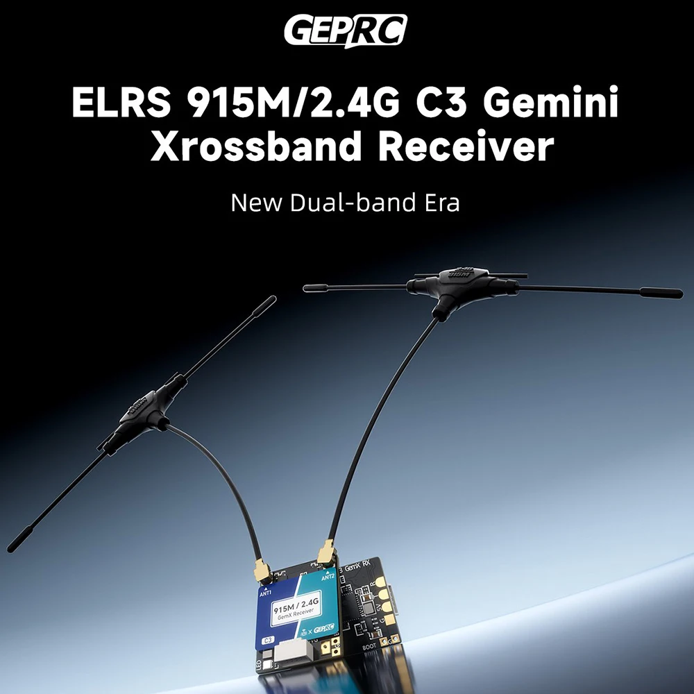 Odbiornik GEPRC ELRS 915M/2.4G C3 Gemini Xrossband, układ LR1121, częstotliwość odświeżania 1000Hz, TCXO, dwupasmowy, do drona FPV