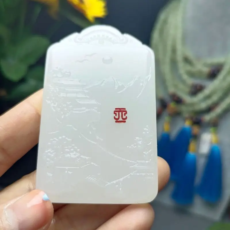 Afghan White Landscape Painting Large Men, No Worries Amulet Jade Pendant
