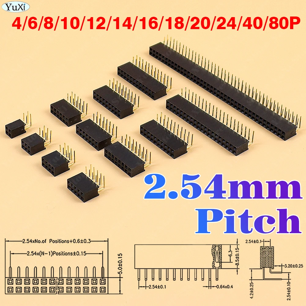 3-50Pcs 2*3/4/5/6/7/8/10/20/40 PIN Double Row Right Angle Female Pin Header 2.54MM Pitch Strip Connector Socket