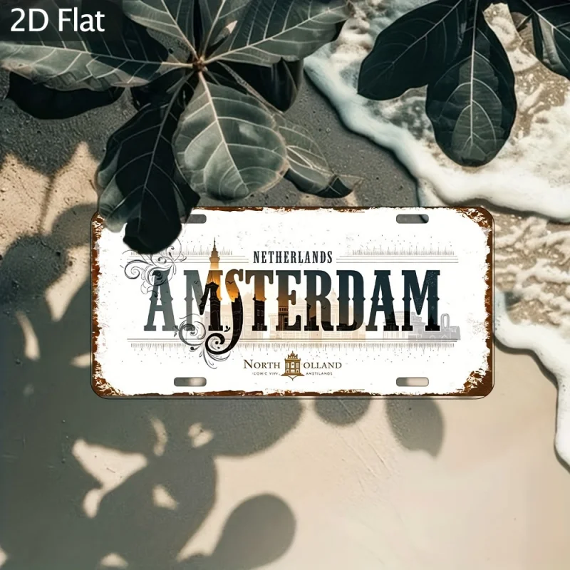 HD Aluminum Print, Vintage Amsterdam Netherlands North Holland License Plate Style Wall Art, High Definition Bend-Resistant Meta