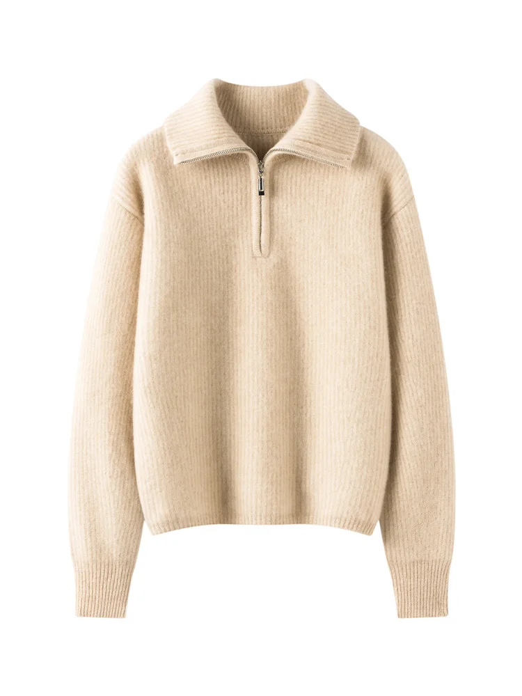 TLOML Autunno Inverno Donna 100% Maglione di Cachemire Spessa Mezza Cerniera Gira Imbottiture Collare Pullover di Alta Qualità Casual Cashmere Magliette E Camicette