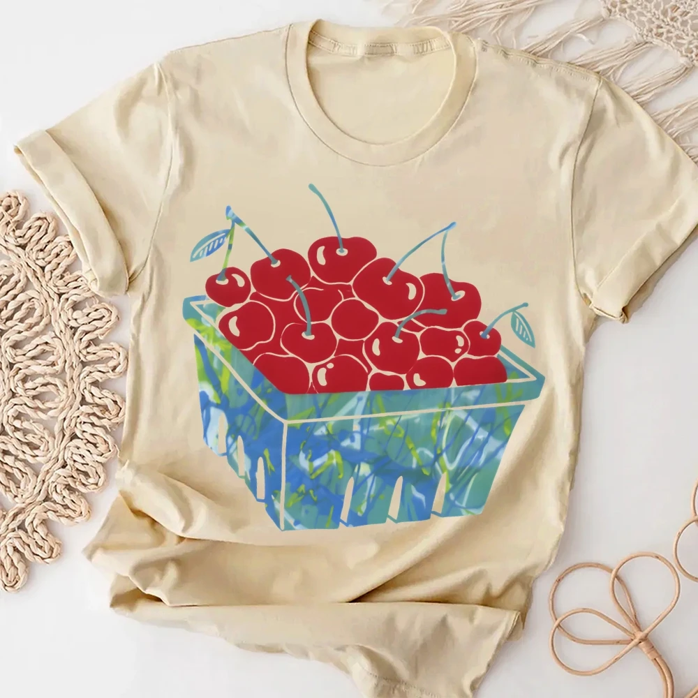 Camiseta gráfica cereja cesta camiseta premium algodão de alta qualidade oversize colorido camiseta vermelho cerejas impressão fresco estilo y2k