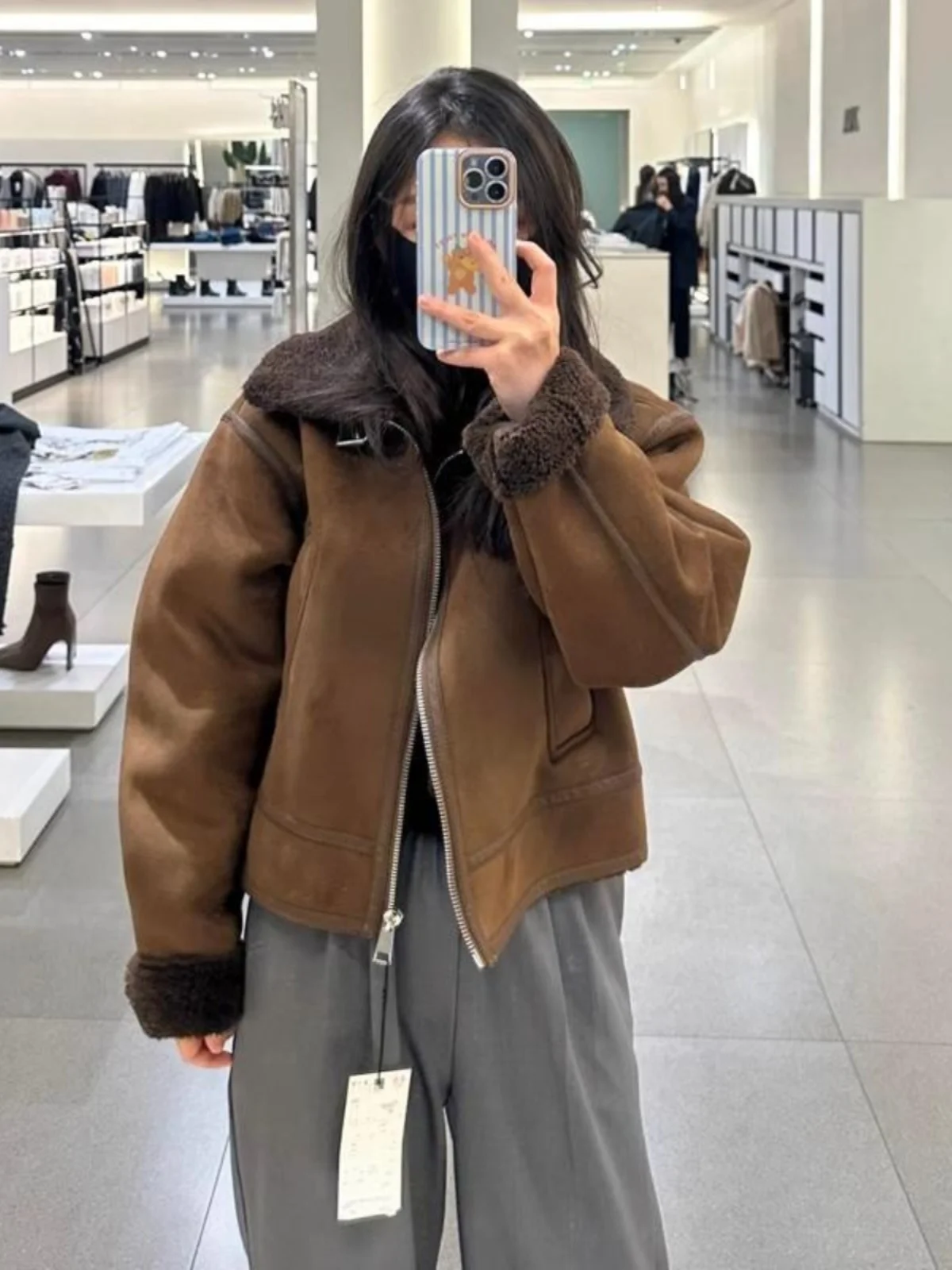 Herbst Winter Neue Ankunft frauen ort Lamm Pelz Wildleder Jaet Mantel Inteated Leder Und Pelz Thiened Lange Sve Zipper