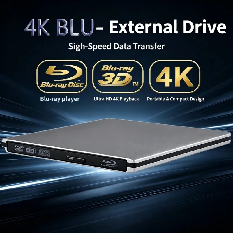 Ultra-Thin Aluminum Alloy External Drives, USB/TYPE-C3.0 Interface, CD/DVD Burner, Support 3D HD 4K Blu-Ray Player.