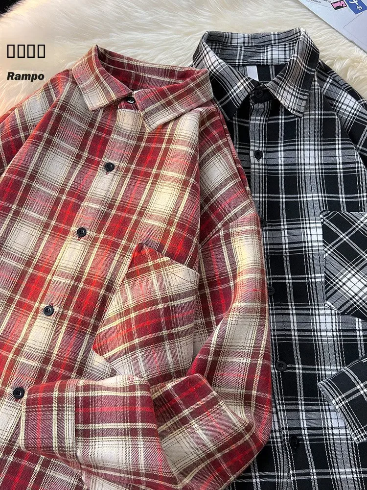 

Повседневная модная рабочая одежда Rampo Plaid Long Sleeve: верхняя одежда для студентов из смесового полиэстера и хлопка, универсальная для всех сезонов