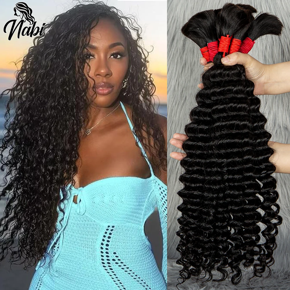 Mechones de cabello humano NABI, extensiones de trenzas de cabello ondulado con agua, extensiones de cabello humano virgen rizado a granel con ondas profundas para trenzas bohemias