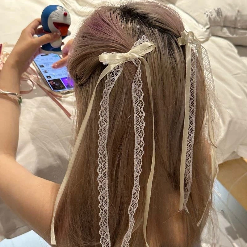 

Bow Hair Barrettes Korean Elegant Floral Lace Long Ribbon Multi Clip Wedding Party Women All Season