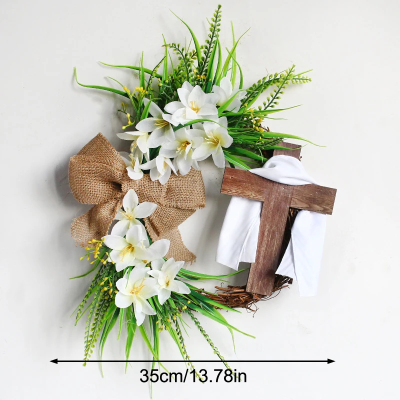 Corona di croce di Pasqua per porta d'ingresso o parete Fiore artificiale Fiocco di giglio Sciarpa di seta Ghirlanda religiosa Ghirlanda primaverile Decorazione pasquale