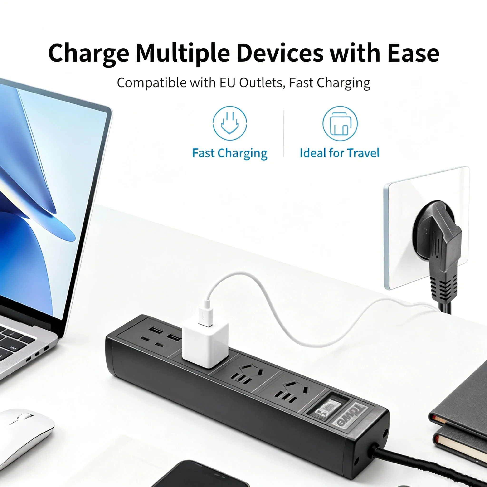 TOWE EU Plug Travel Power Strip 3 or 4 Outlets 2 USB A 2 Type C 20W Fast Charge 1.8M 2500W Germany France Russia