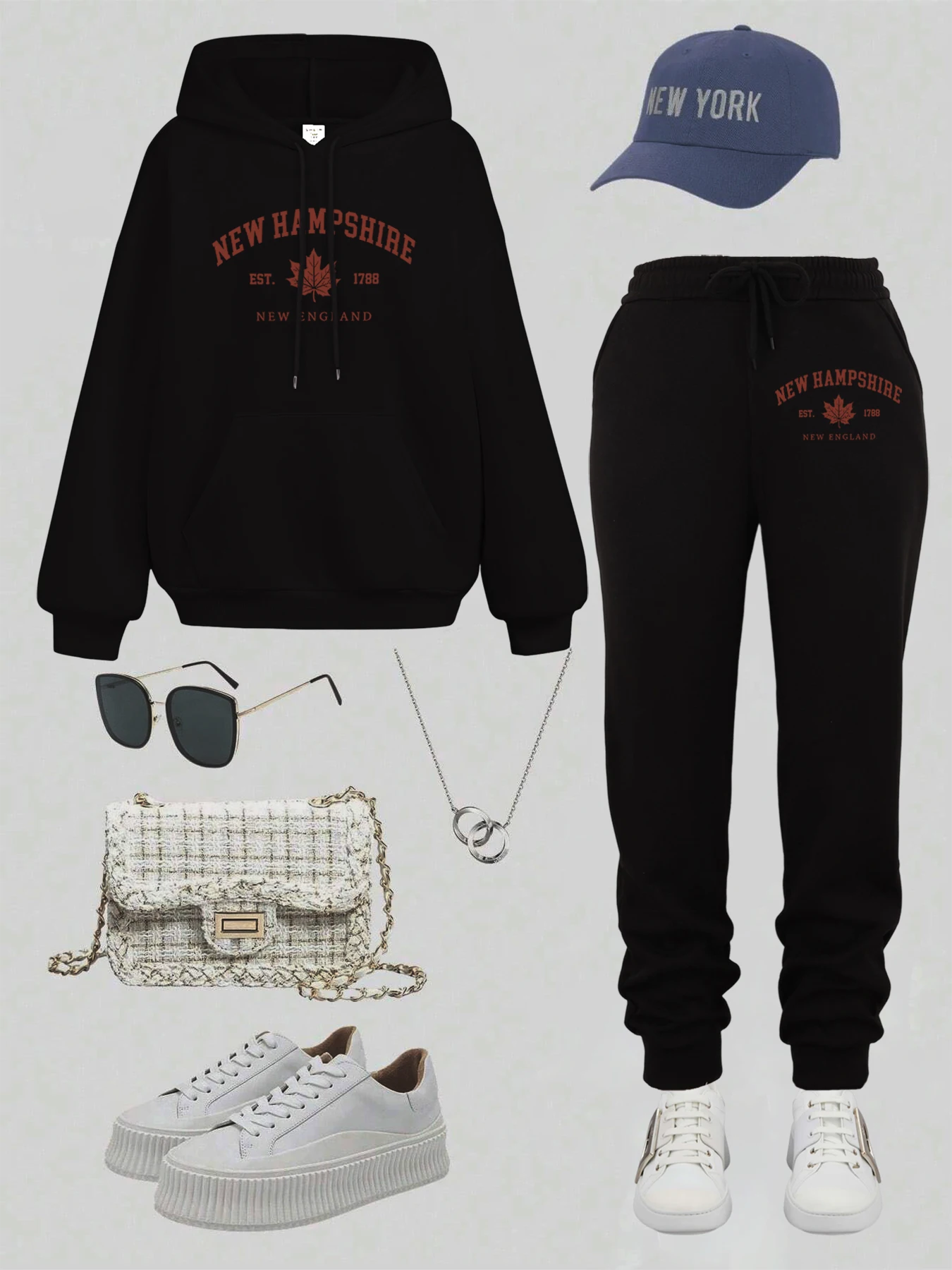 뉴햄프셔 뉴잉글랜드 패턴 여성용 따뜻한 스웨트셔츠 스포츠 플리스 후디 세트 포켓 루즈 팬츠 기본 가을 스웨트팬츠 세트