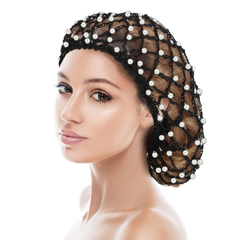 Women\'s Hair Net Rayon Mesh Snood Headwrap Pearl Beaded Crochet Cap Oversize Soft Fashion Design Ladies Elastic Hat Hairwear