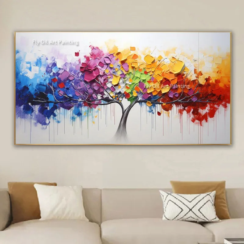 Rainbow Tree Abstract Oil Painting Vibrant Thick Texture Canvas Wall Art Handmade Horizontal Impasto Artwork