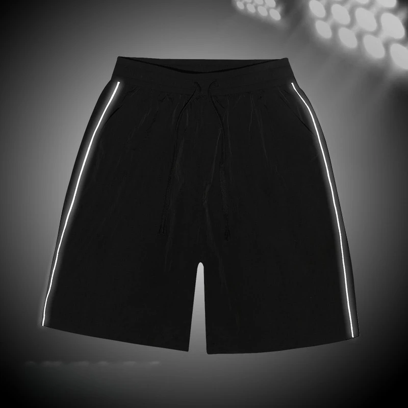 Summer Reflective Stripe Sports Shorts Outdoor Baggy Straight Polyamide Fibre Drawstring Board Elastic Waist Joggers Bermuda Man