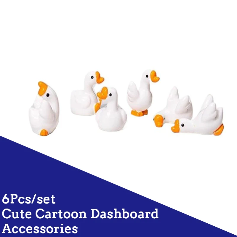 Six-Piece Cute White Goose Statues for Car Interior; Resin Cartoony Figures Ideal for Dashboards or Consoles