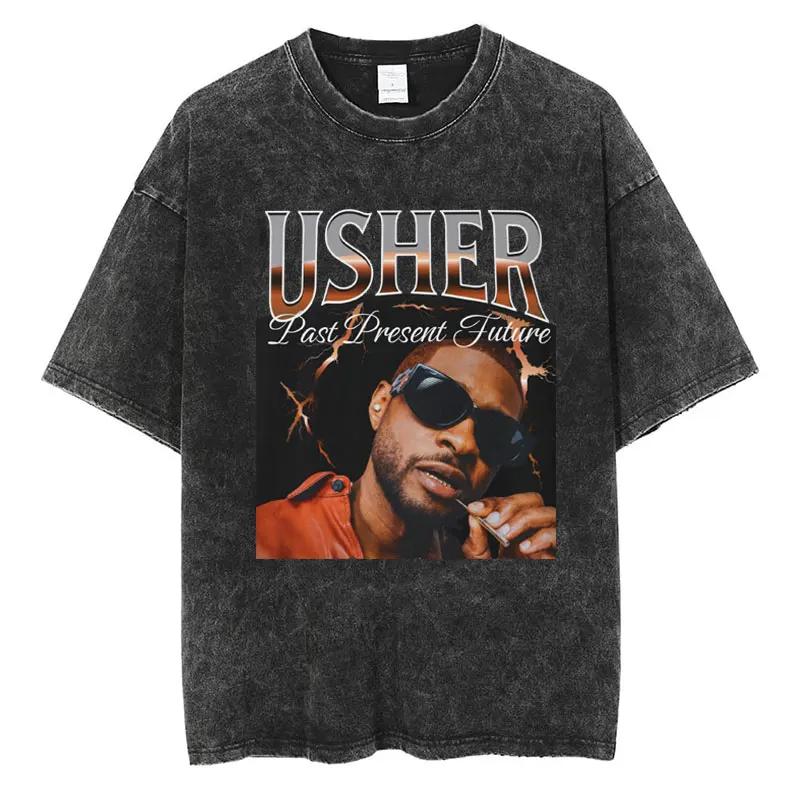 Usher Past Resent Future 2024 Tour Washed T Shirt Hip Hop Retro Harajuku Tshirt Men Women Loose High Quality Cotton Street Tees image 4