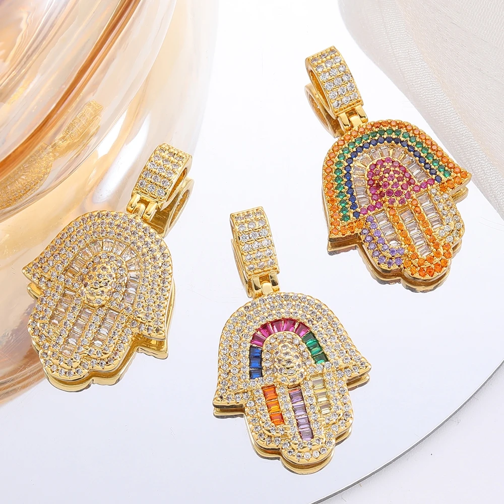 Juya 18K Real Gold Plated Handmade Rainbow Cubic Zirconia Luxury Creative Greek Evil Eye Hamsa Hand Of Fatima Pendants Supplies