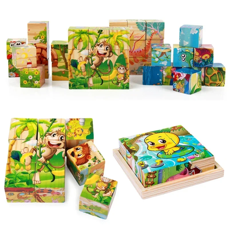 3D cube Wooden puzzle children's nine pieces six-sided wooden block tray children's Montessori learning educational puzzle toys