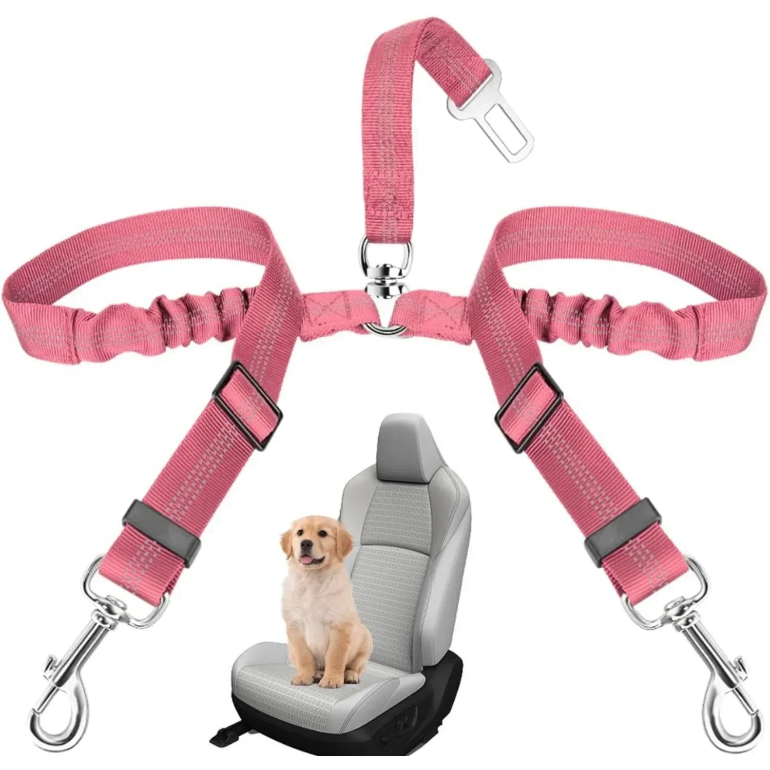 Double Dog Safety Seat Belt Adjustable Elastic Car Safety Leash Shock Reflective Dog Vehicle Restraint for Drive Pet Safety Belt