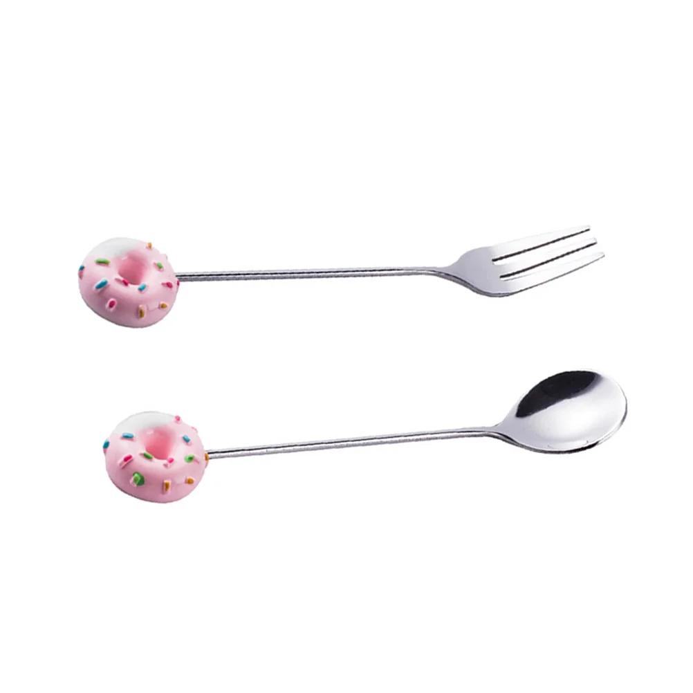 

2 pcs Stainless Steel Spoon Donut Handle Long Fork Set For Dessert Coffee Tea Stirring Tableware Cutlery Kitchen