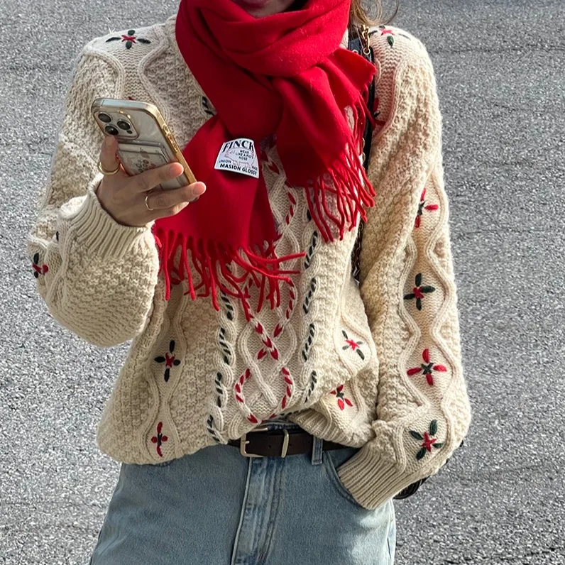 

Chic Korean Sle Women's Knitted Sweater Loose Casual Sweet Young-looking Autumn Winter Vintage Tassel Twist Knit Top