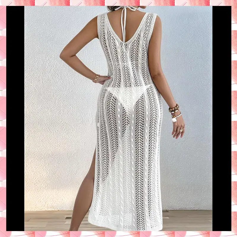 Abito da spiaggia con spacco laterale e bretelle alla moda con scollo a V e taglio per le vacanze