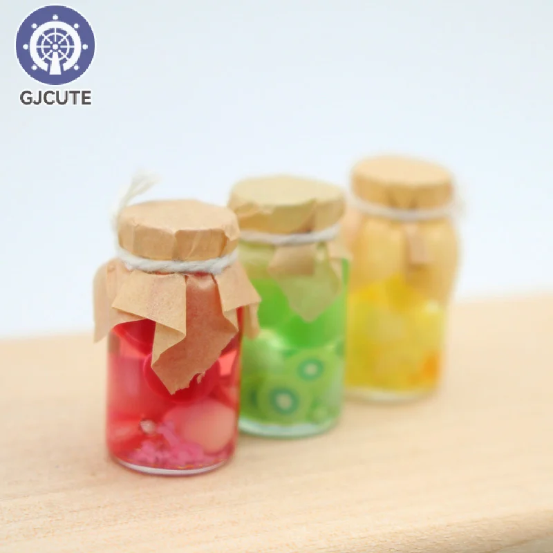 Dollhouse Colorful Assorted Fruit Glass Cans Simulation Miniature Food Canned Fruit Slice Bottle Model Kids Pretend Play Toy