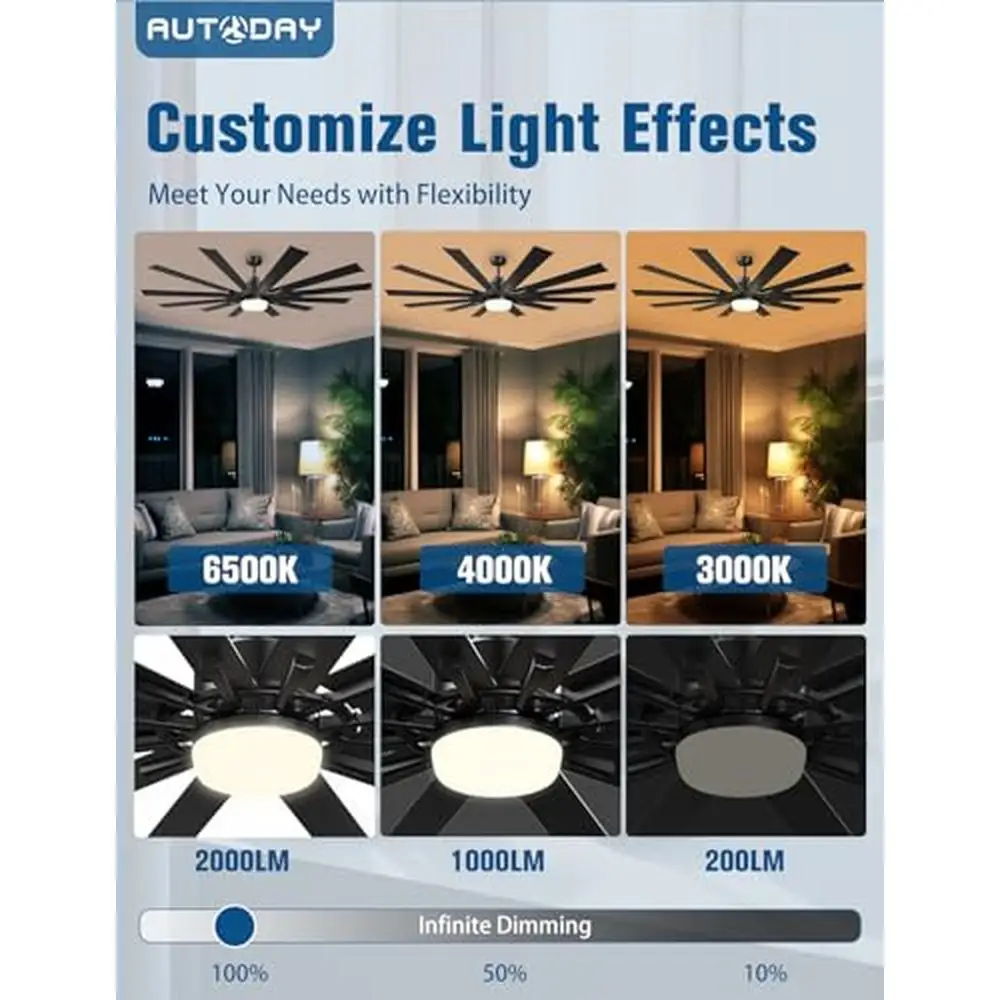 72" Large Ceiling Fan with Lights Remote Outdoor Indoor 12 Blades Air Volume DC Motor 3CCT Reversible Blade Memory Timer LED