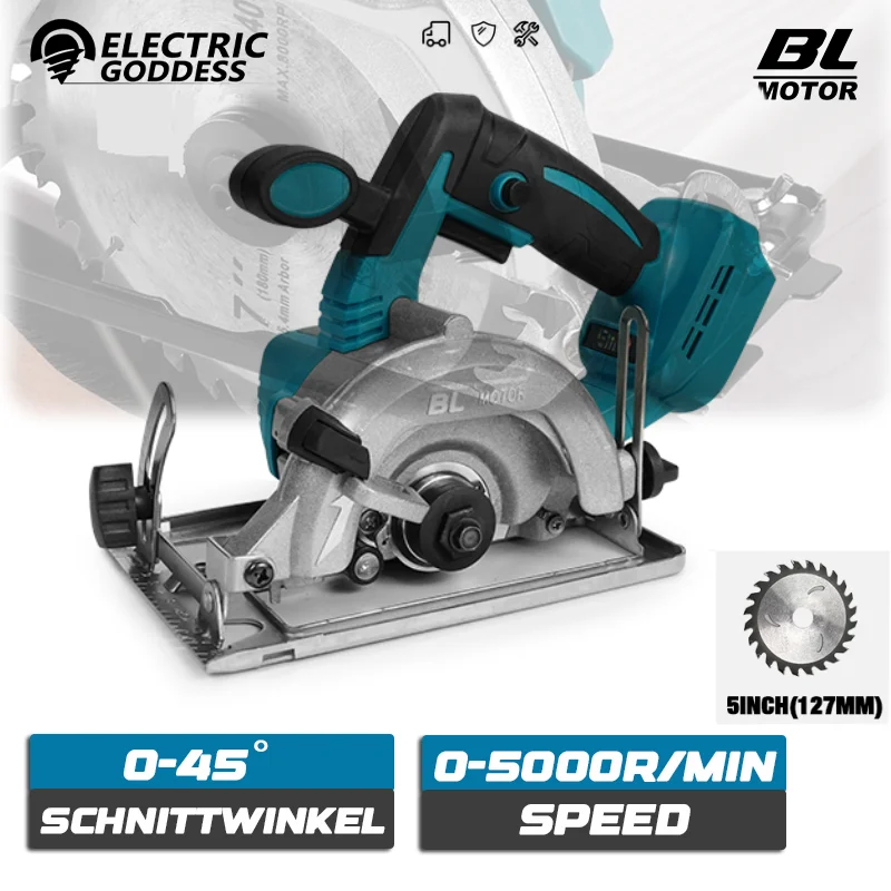 Brushless 5 Inch Electric Circular Saw Cordless Woodworking Saw 45degree Cut Adjustment Electric Saw for Makita 18v Battery Pin