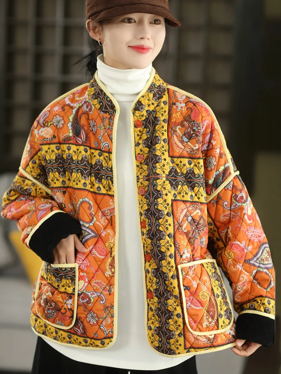 

Двусторонняя одежда в стиле ретро с принтом Thiened Cotton Jaet, женское фланелевое теплое зимнее пальто из чистого хлопка, длинное пальто с воротником-стойкой