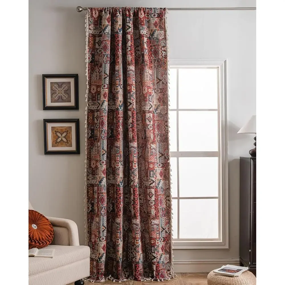 Vintage Geometric Tassel Curtains, Semi-Blackout, 59x102 Inches for Living Room and Bedroom