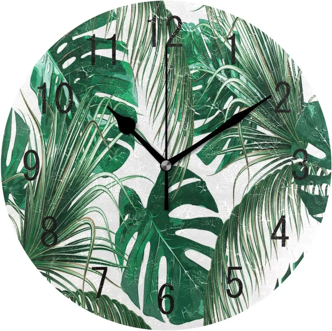 Home Decor Tropical Palm Tree Leaves Jungle Leaf Round Acrylic 9.5 Inch Wall Clock Non Ticking Silent Clock Art for Living