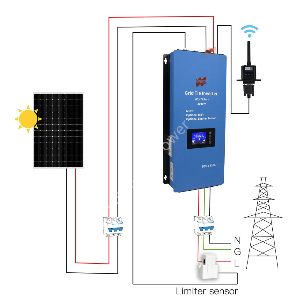 2000W 48V Grid Tie Solar Inverter Limiter MPPT Solar Panel PV WiFi Monitor LCD Display With Limiter Sensor DC22-90V to AC95-265V