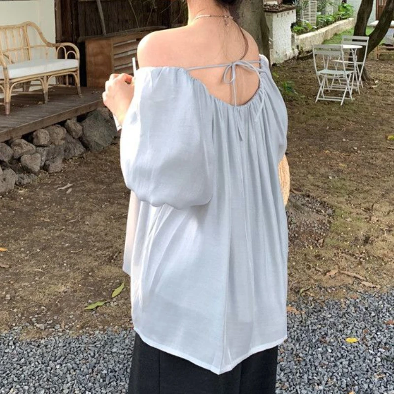 Slash Neck Blouses Women Backless Temperament Summer Simple Holiday Baggy Clothing Aesthetic Minority Mujer Daily Ulzzang 2023